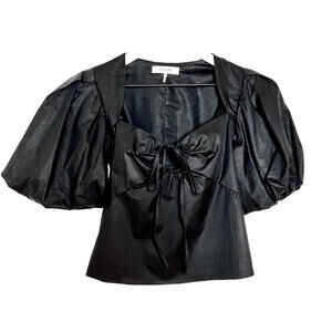 Frame Denim Women's Size X-Small Tie Neck Top Puff Sleeve Cotton Black